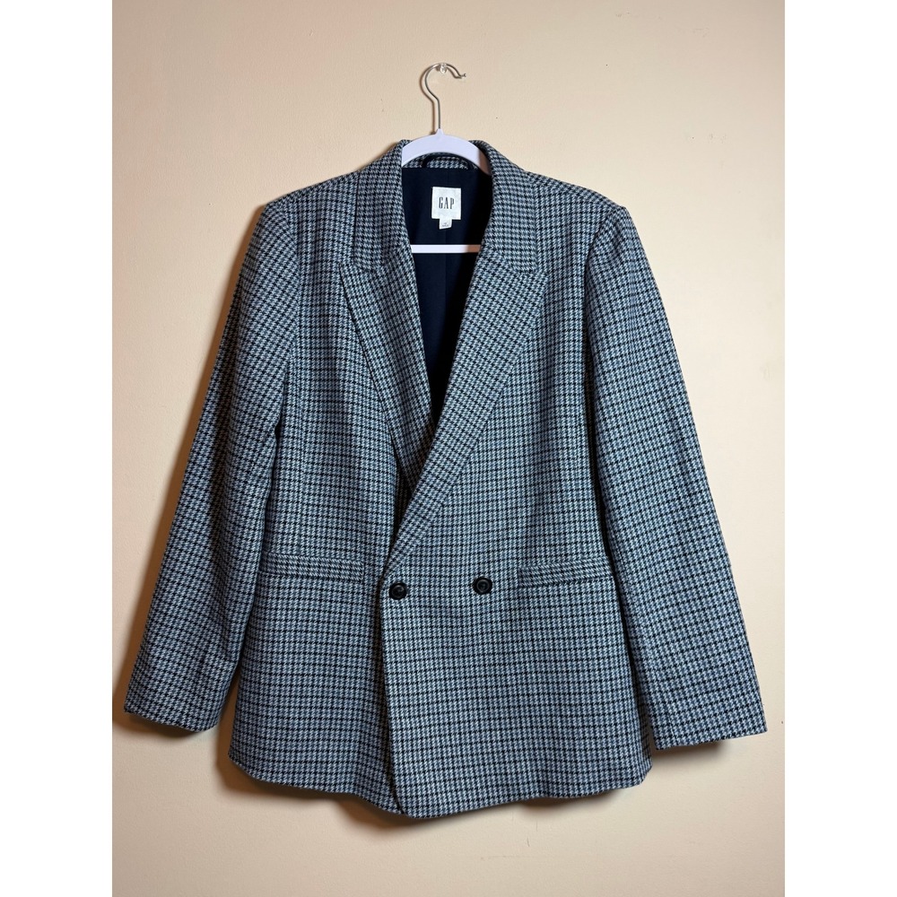 Gap Houndstooth Blazer Womens 12 Blue Wool Blend Double Breasted Jacket Preppy